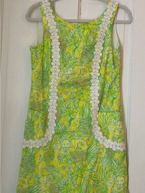 Lilly Pulitzer Yellow & Green Floral Shift Dress with White Trim